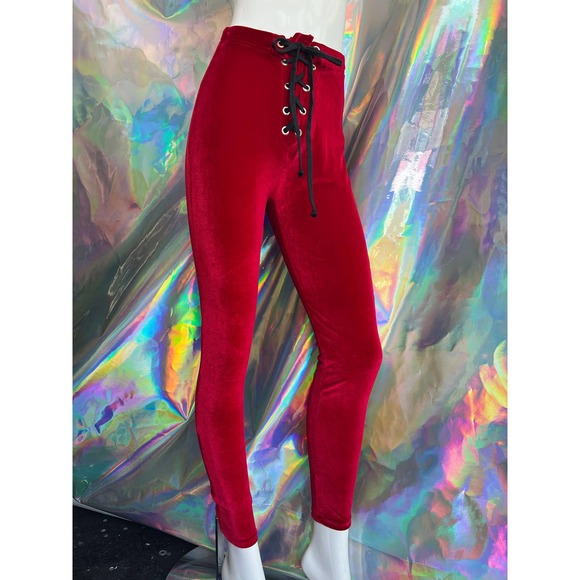 NEW Red Velvet Leggings with Black Lace Up Waist - Picture 9 of 10